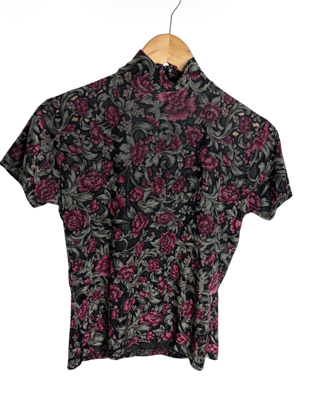 Vintage 90s mock neck floral burnout mesh blouse size M